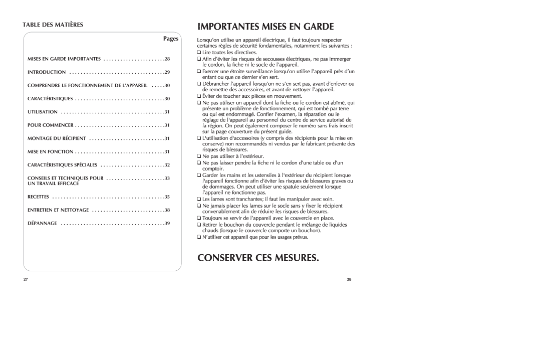 Black & Decker BLP5600GM manual Conserver Ces Mesures, TABLE DES MATIÈRES Pages, Importantes Mises En Garde 