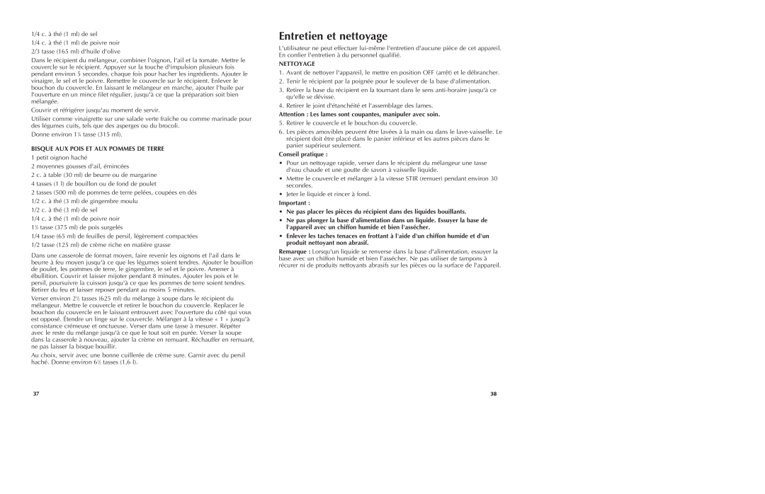 Black & Decker BLP5600GM manual Entretien et nettoyage, Bisque Aux Pois Et Aux Pommes De Terre, Nettoyage, Conseil pratique 