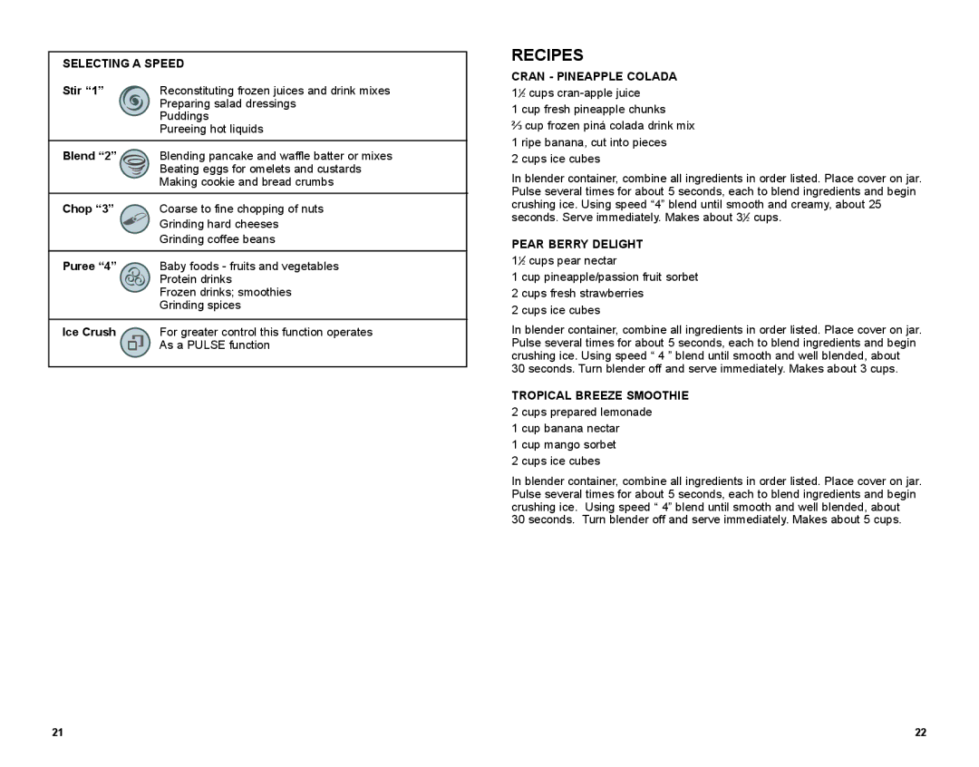 Black & Decker BLP5601KT Recipes, Selecting a Speed, Cran Pineapple Colada, Pear Berry Delight, Tropical Breeze Smoothie 