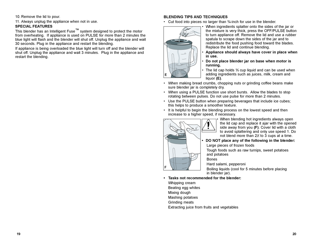 Black & Decker BLP5601KT Blending Tips And Techniques, Special Features, DO NOT place any of the following in the blender 