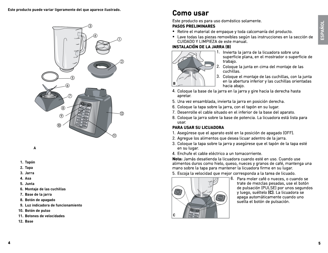 Black & Decker BLP6601MUC, BlP6601M manual Como usar, Español 