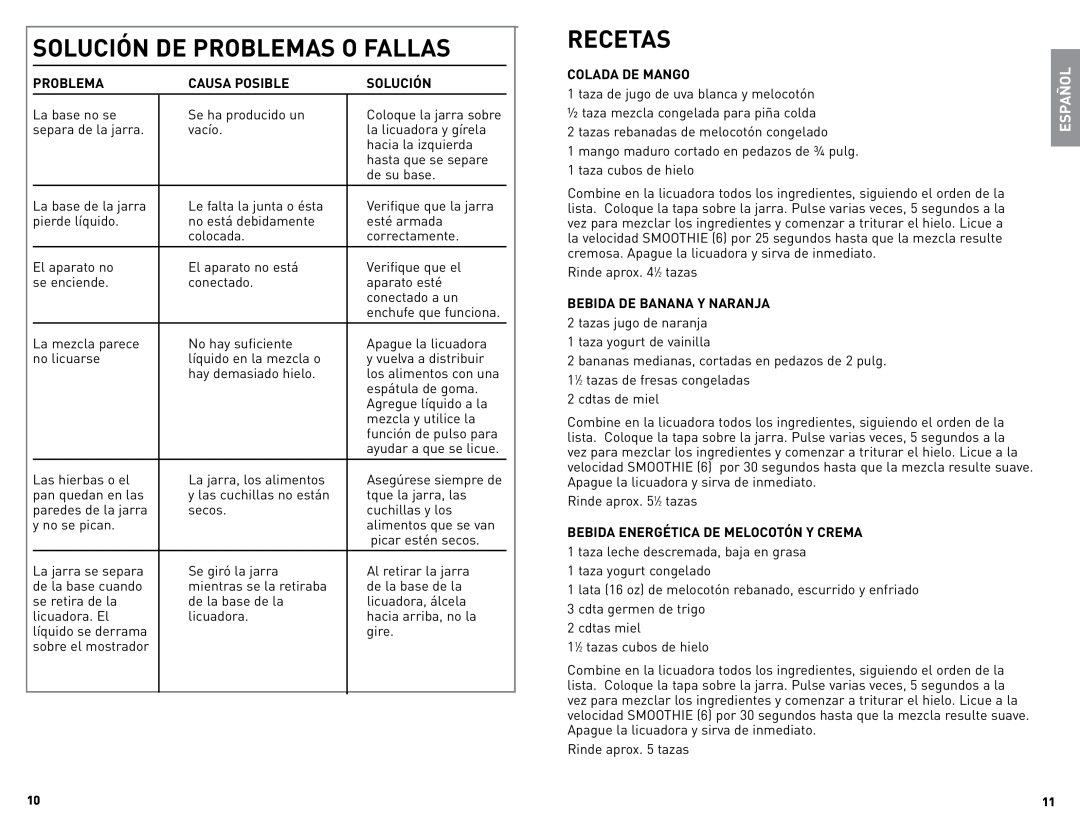 Black & Decker BlP6601M, BLP6601MUC manual Solución De Problemas O Fallas, Recetas, Español 