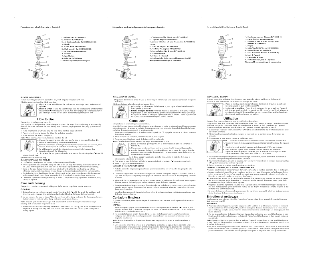 Black & Decker BLP7600B user service Blender JAR Assembly, Blending Tips and Techniques, Cleaning, Instalación DE LA Jarra 