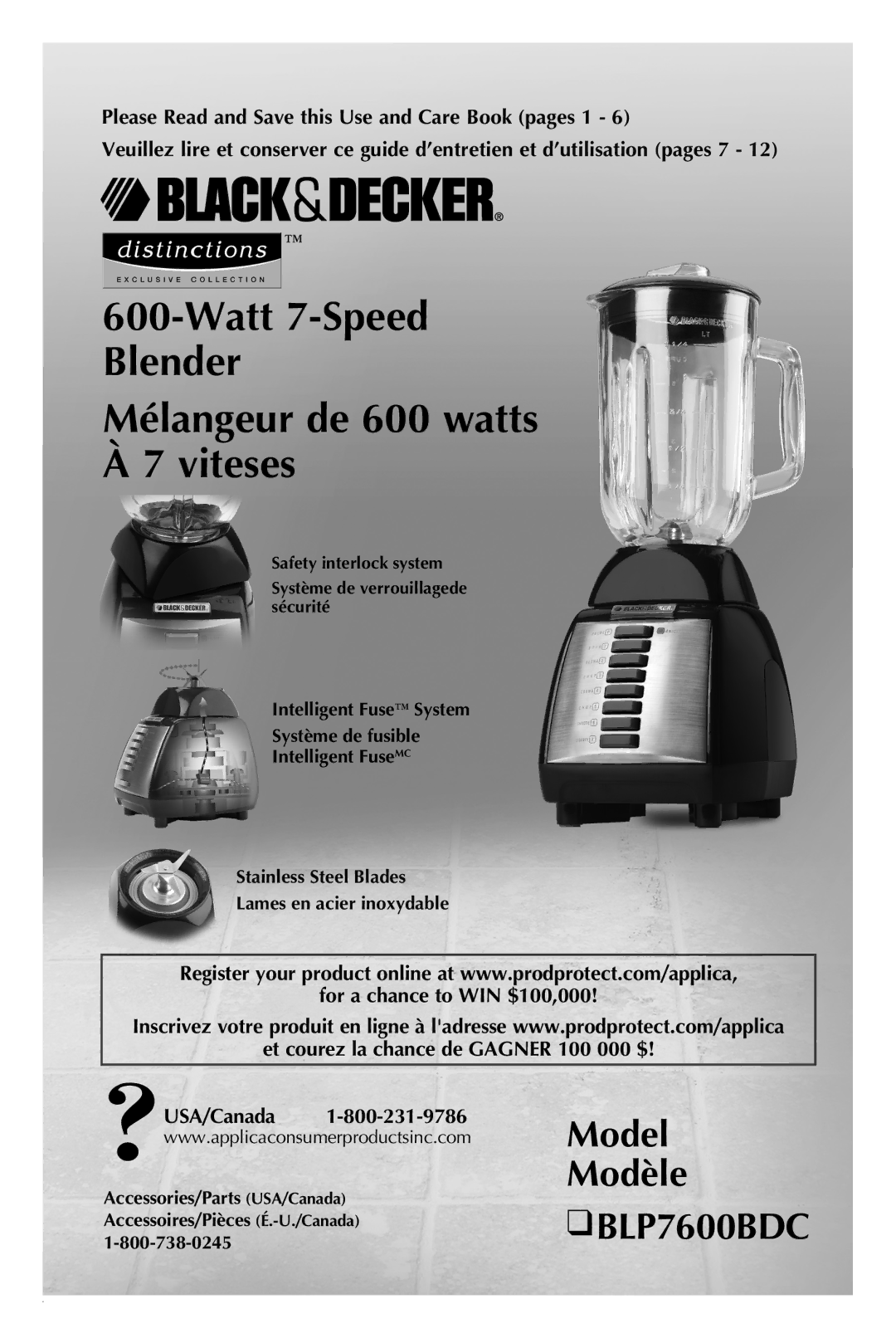 Black & Decker BLP7600BDC manual Watt 7-Speed Blender Mélangeur de 600 watts À 7 viteses 