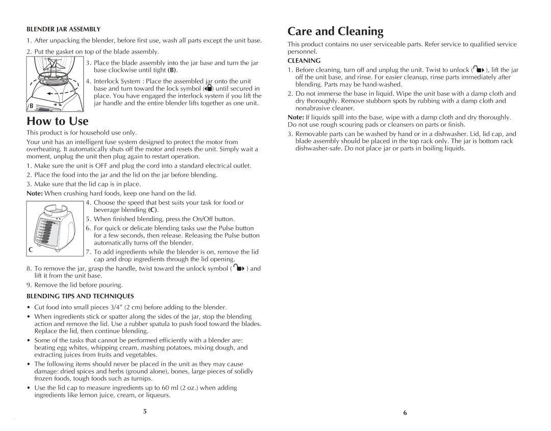 Black & Decker BLP7600BDC manual Blender JAR Assembly, Cleaning, Blending Tips and Techniques 