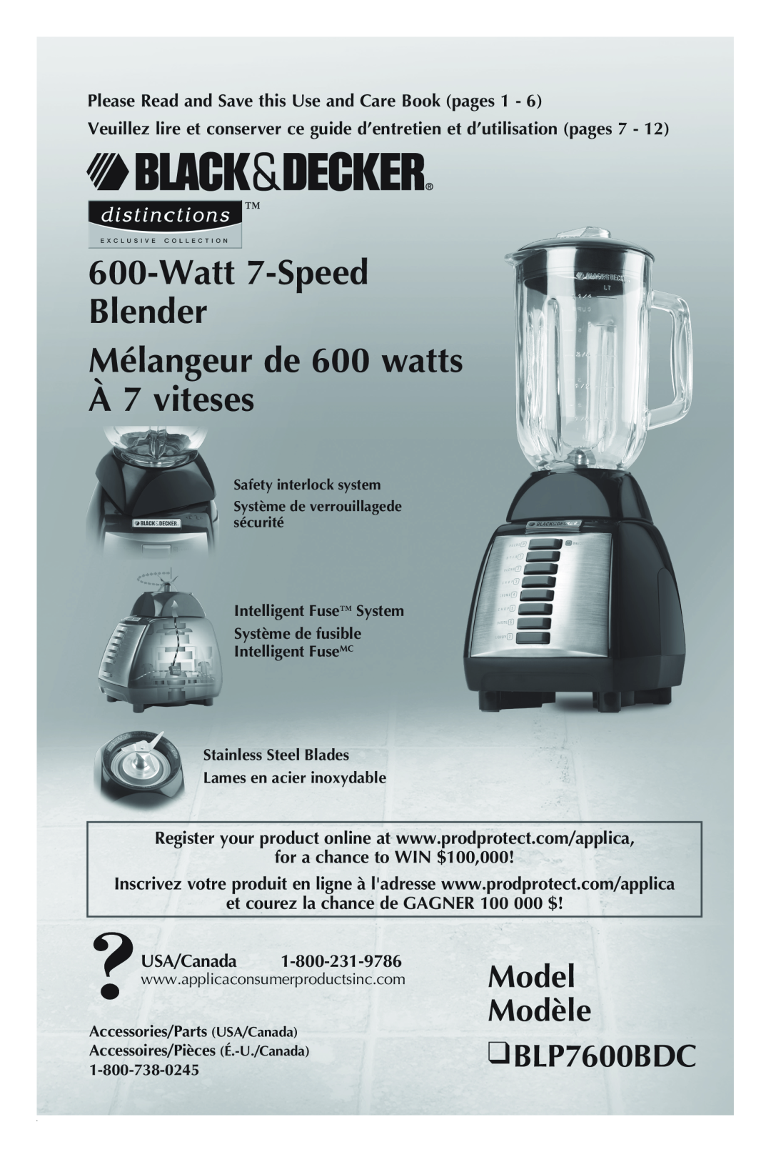 Black & Decker manual Model Modèle BLP7600BDC, Watt 7-Speed Blender Mélangeur de 600 watts À 7 viteses, USA/Canada 
