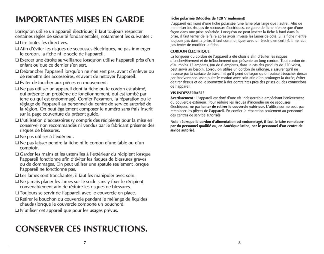 Black & Decker BLP7600BDC manual Importantes Mises En Garde, Conserver Ces Instructions 