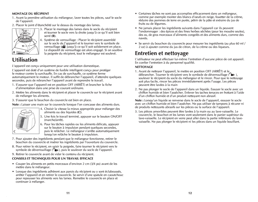 Black & Decker BLP7600BDC manual Entretien et nettoyage, Utilisation, Montage Du Récipient, Nettoyage 