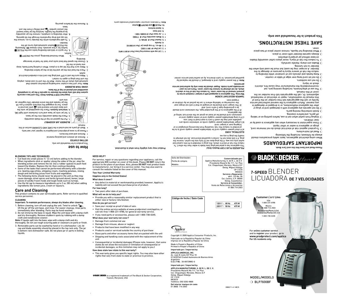 Black & Decker BLP7600BF user service Place in cover with blender operate Always, Carefully Handle .sharp are Blades 