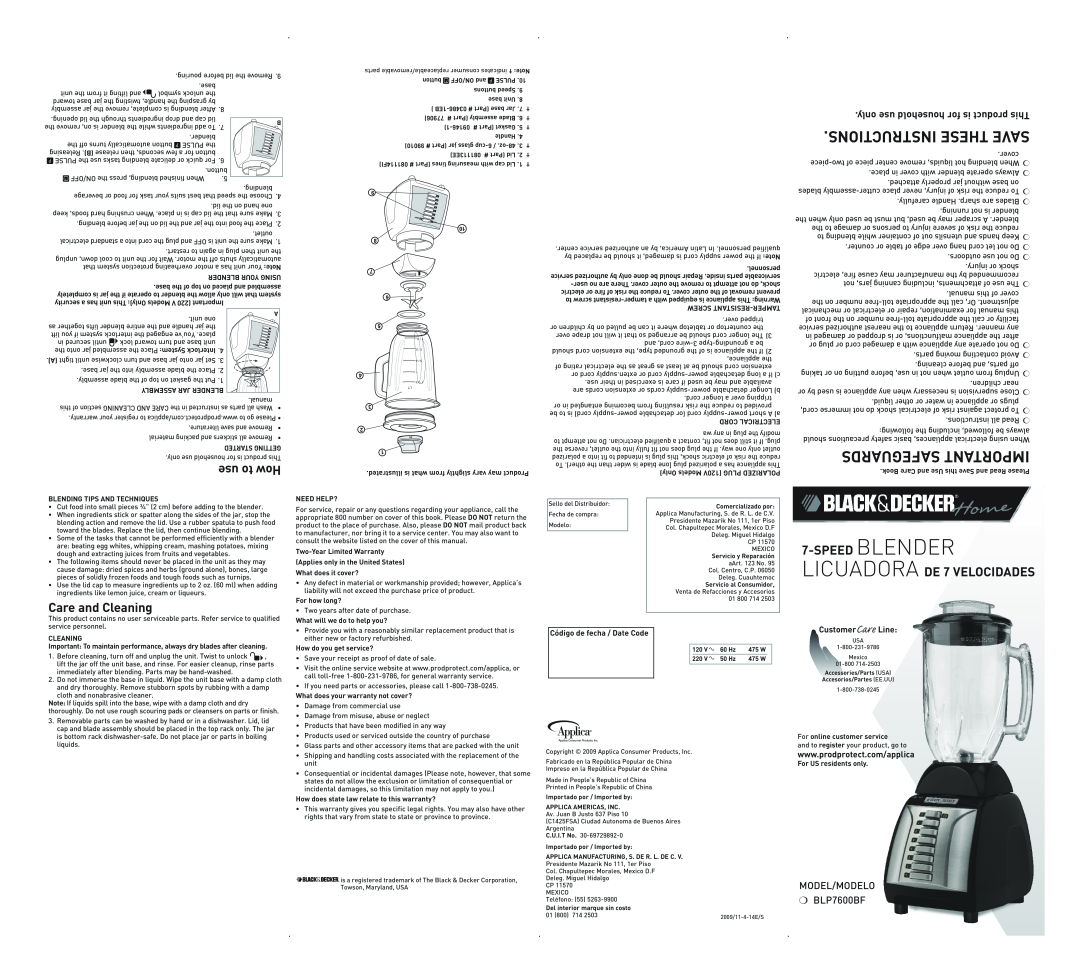 Black & Decker user service Instructions These Save, use to How, Care and Cleaning, Model/ModELO BLP7600BF 