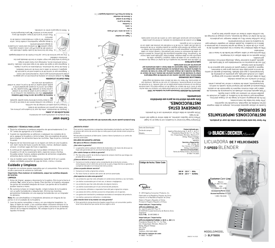 Black & Decker BLP7600GUC manual Cuidado y limpieza, Consejos Y Técnicas Para Licuar, Limpieza 