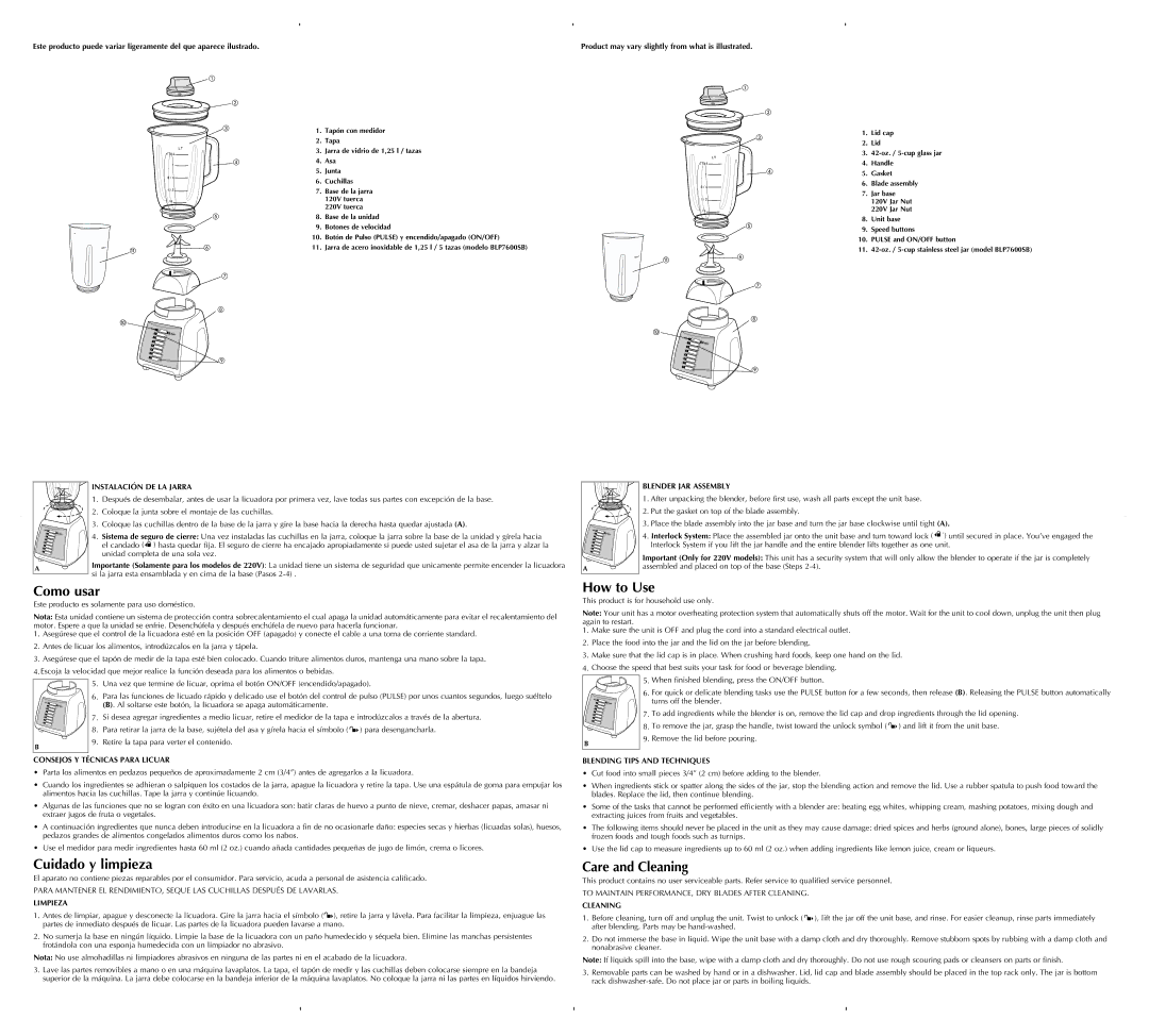 Black & Decker BLP7600SB user service Como usar, Cuidado y limpieza, How to Use, Care and Cleaning 