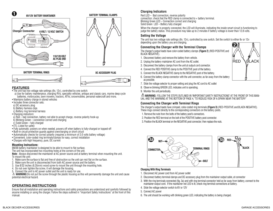 Black & Decker bm3b instruction manual Features, Operating Instructions, Black-Negative, Charging With Ring Terminals 