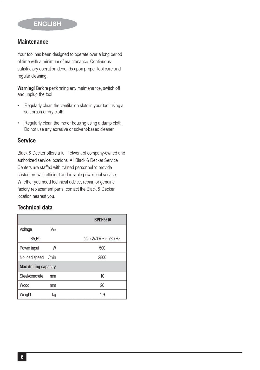 Black & Decker BPDH5510 manual Maintenance, Service, Technical data, Max drilling capacity 