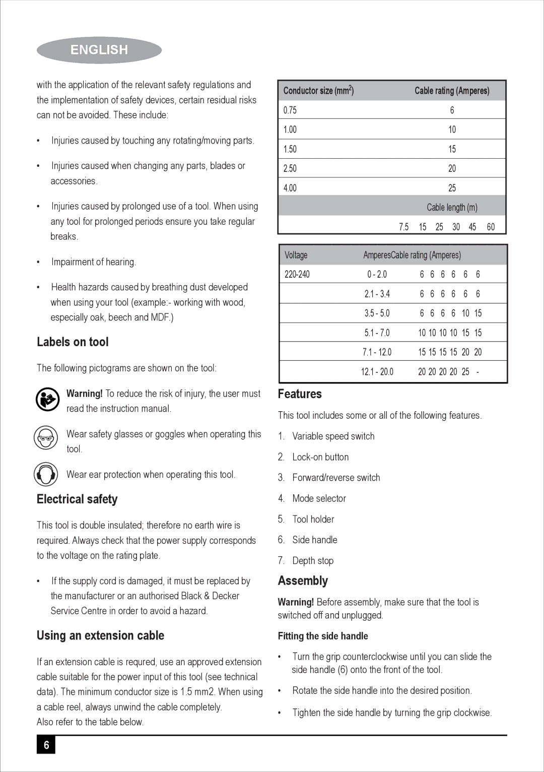 Black & Decker BPHR223K manual Labels on tool, Electrical safety, Using an extension cable, Features, Assembly 