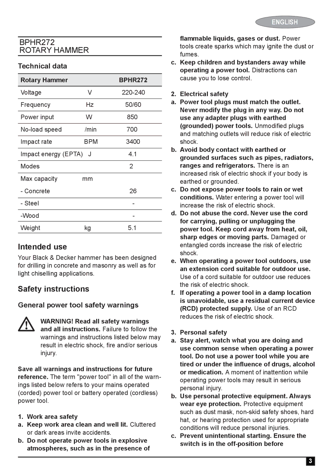 Black & Decker BPHR272 manual Intended use, Safety instructions, Technical data, General power tool safety warnings 