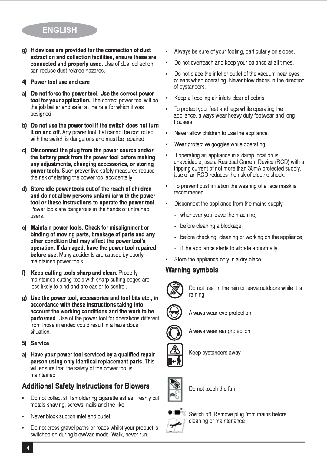 Black & Decker BPPT600 manual Warning symbols, Additional Safety Instructions for Blowers, Power tool use and care, Service 