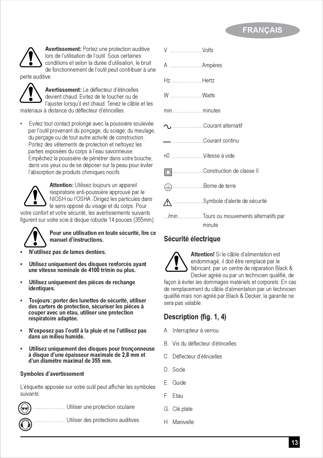 Black & Decker BPSC2135 manual Sécurité électrique, Description ﬁg 