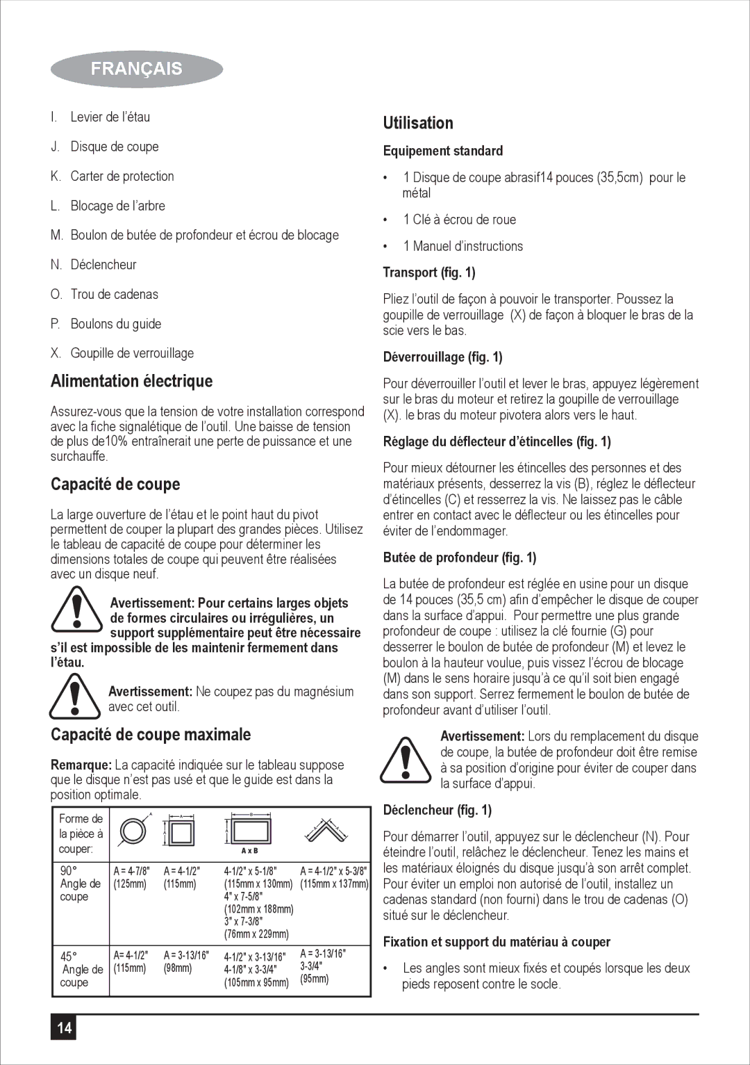 Black & Decker BPSC2135 manual Alimentation électrique, Capacité de coupe maximale, Utilisation 