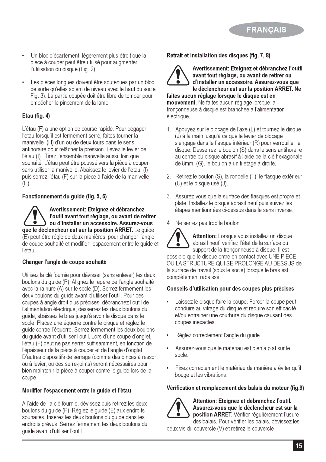 Black & Decker BPSC2135 manual Etau ﬁg, Fonctionnement du guide ﬁg, Changer l’angle de coupe souhaité 