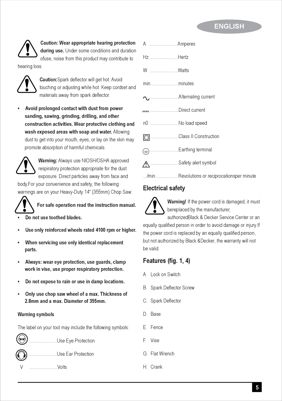 Black & Decker BPSC2135 manual Electrical safety, Features ﬁg, Do not use toothed blades 