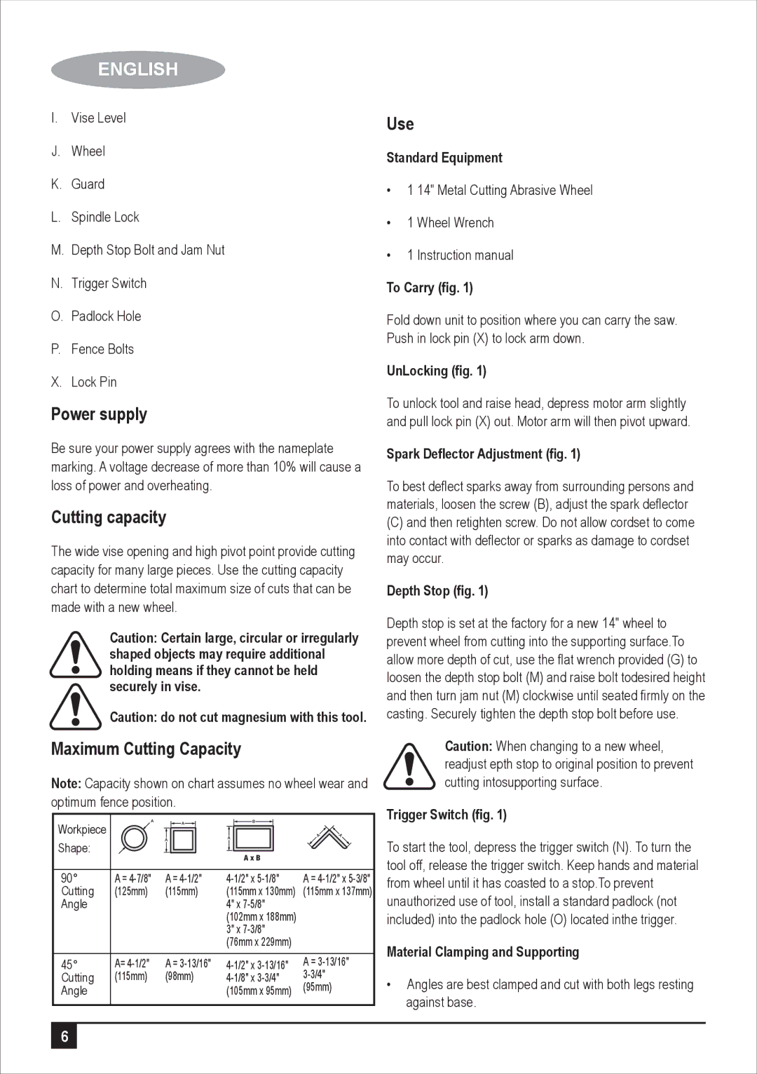 Black & Decker BPSC2135 manual Power supply, Cutting capacity, Maximum Cutting Capacity, Use 