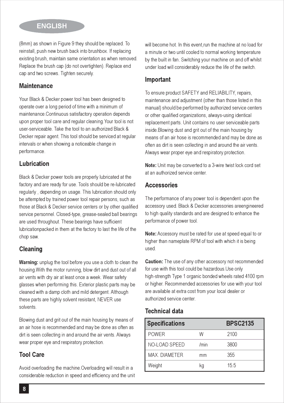 Black & Decker manual Maintenance, Lubrication, Cleaning, Tool Care, Accessories, Technical data Speciﬁcations BPSC2135 