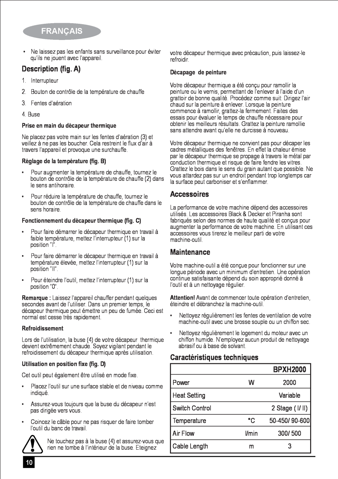 Black & Decker manual Description ﬁg. A, Accessoires, Caractéristiques techniques BPXH2000, Français, Maintenance 