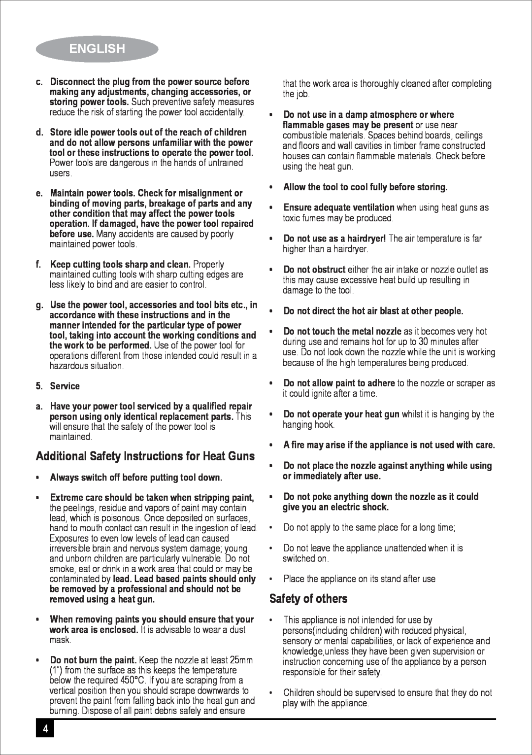 Black & Decker BPXH2000 manual Additional Safety Instructions for Heat Guns, Safety of others, English 