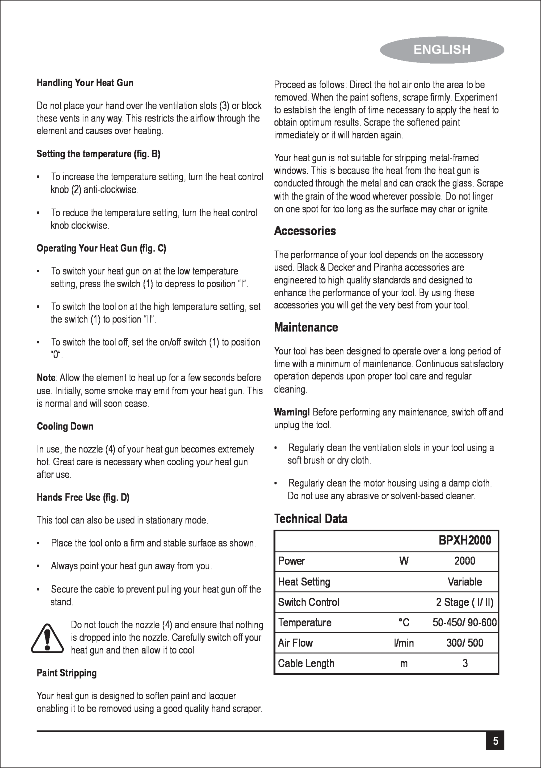 Black & Decker manual Accessories, Maintenance, Technical Data BPXH2000, English 