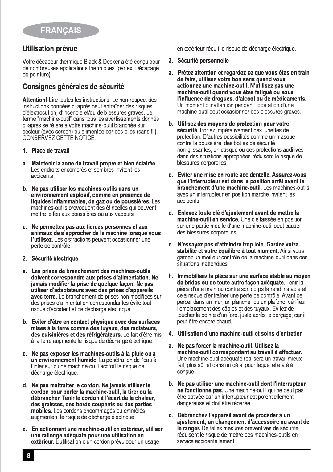 Black & Decker BPXH2000 manual Utilisation prévue, Consignes générales de sécurité, Français 