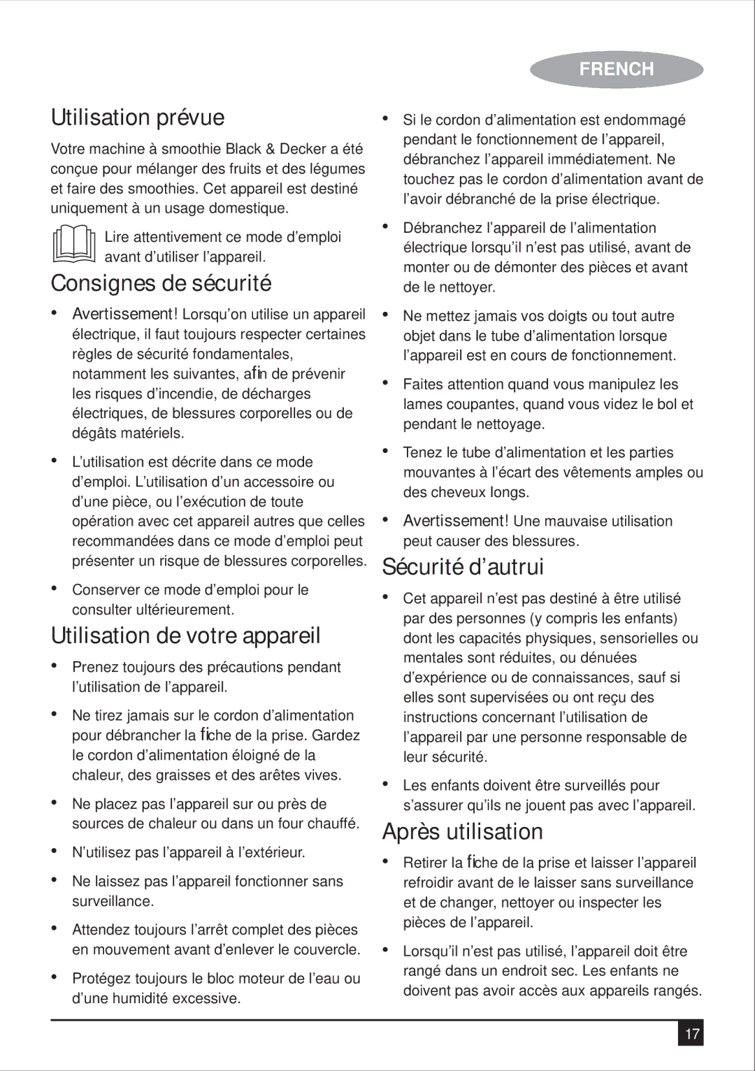 Black & Decker BS600 manual Utilisation prévue, Consignes de sécurité, Utilisation de votre appareil, Sécurité d’autrui 