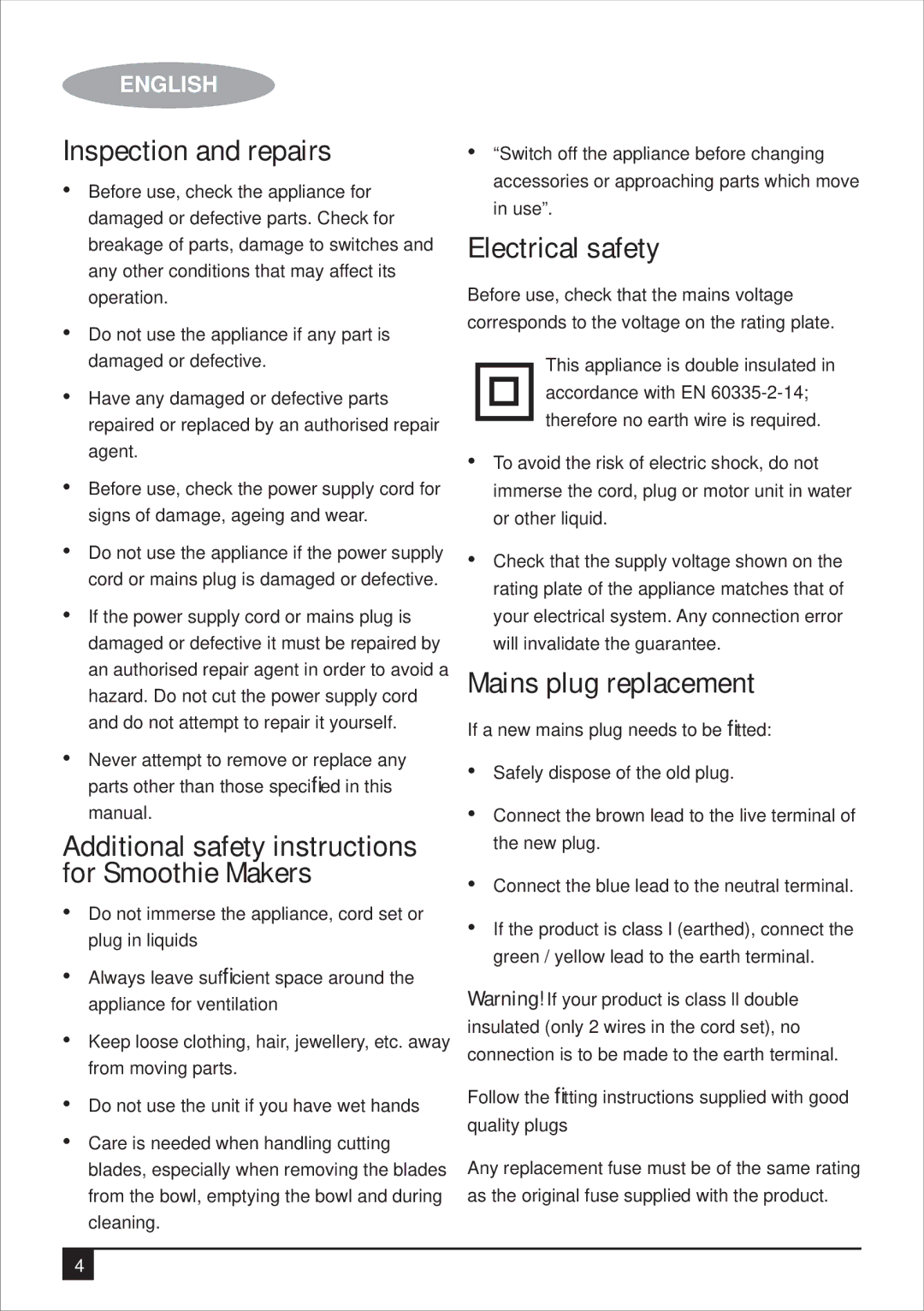 Black & Decker BS600 manual Inspection and repairs, Electrical safety, Mains plug replacement 