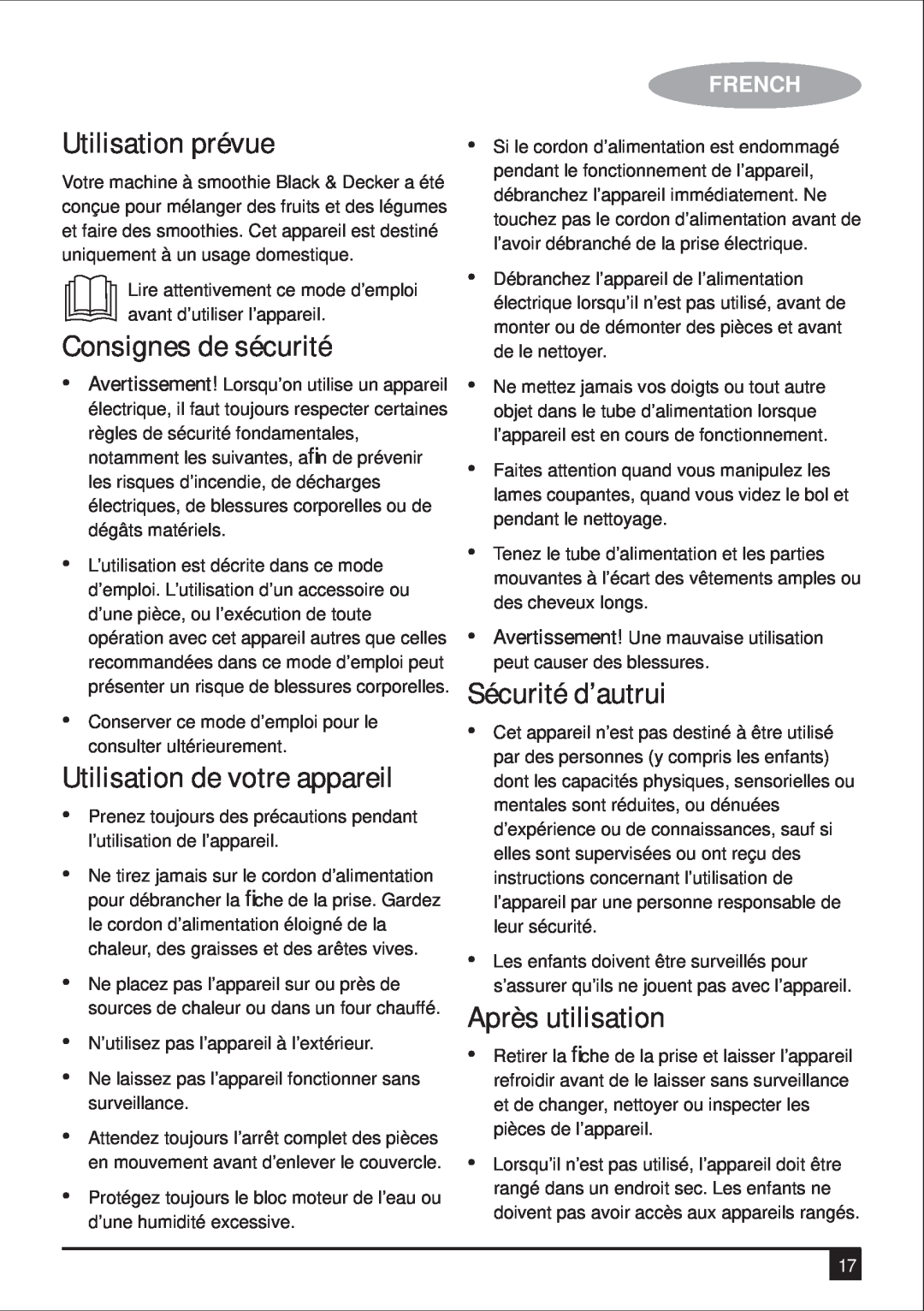 Black & Decker BS600 manual Utilisation prévue, Consignes de sécurité, Sécurité d’autrui, Après utilisation, French 