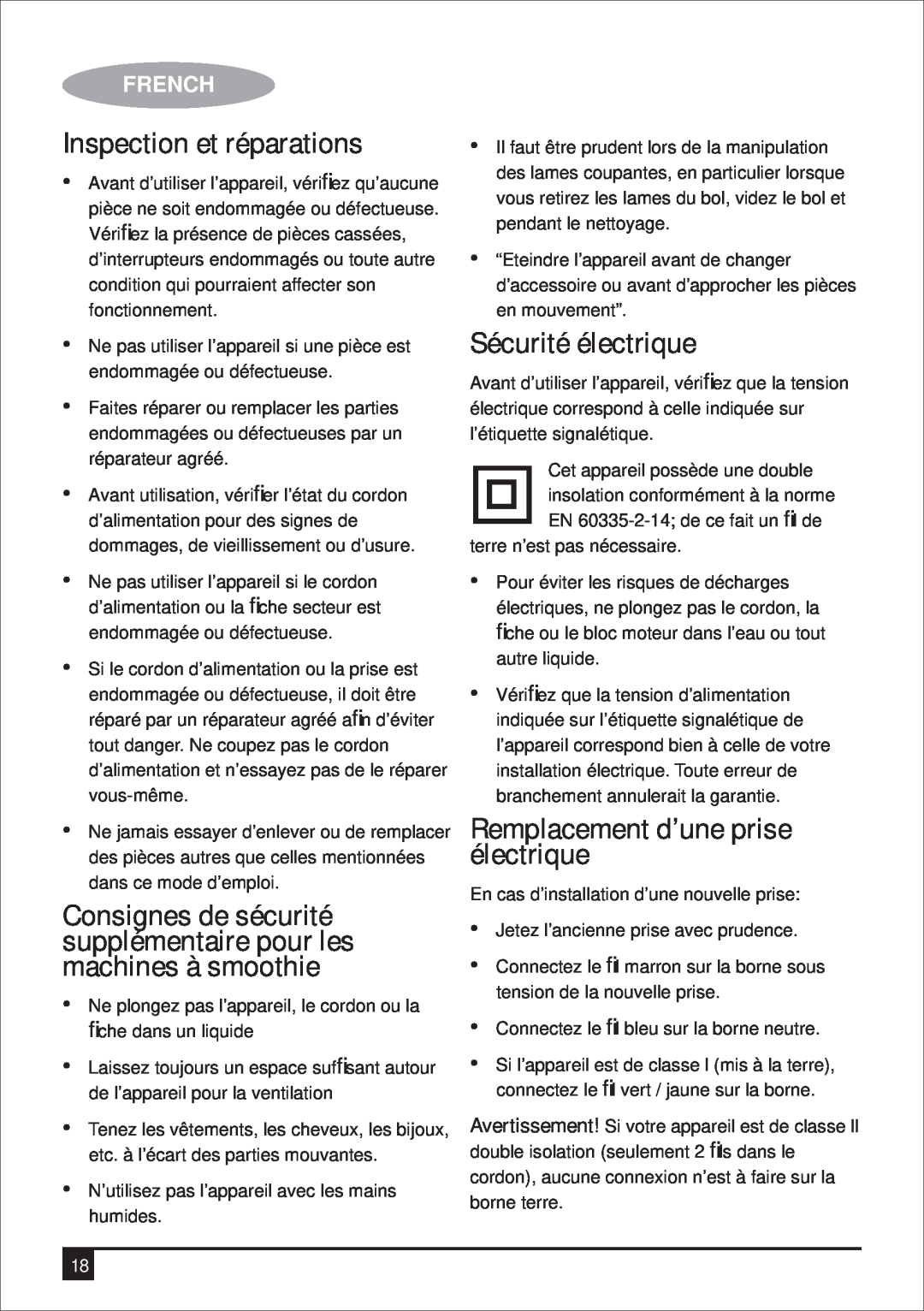 Black & Decker BS600 manual Inspection et réparations, Sécurité électrique, Remplacement d’une prise électrique, French 