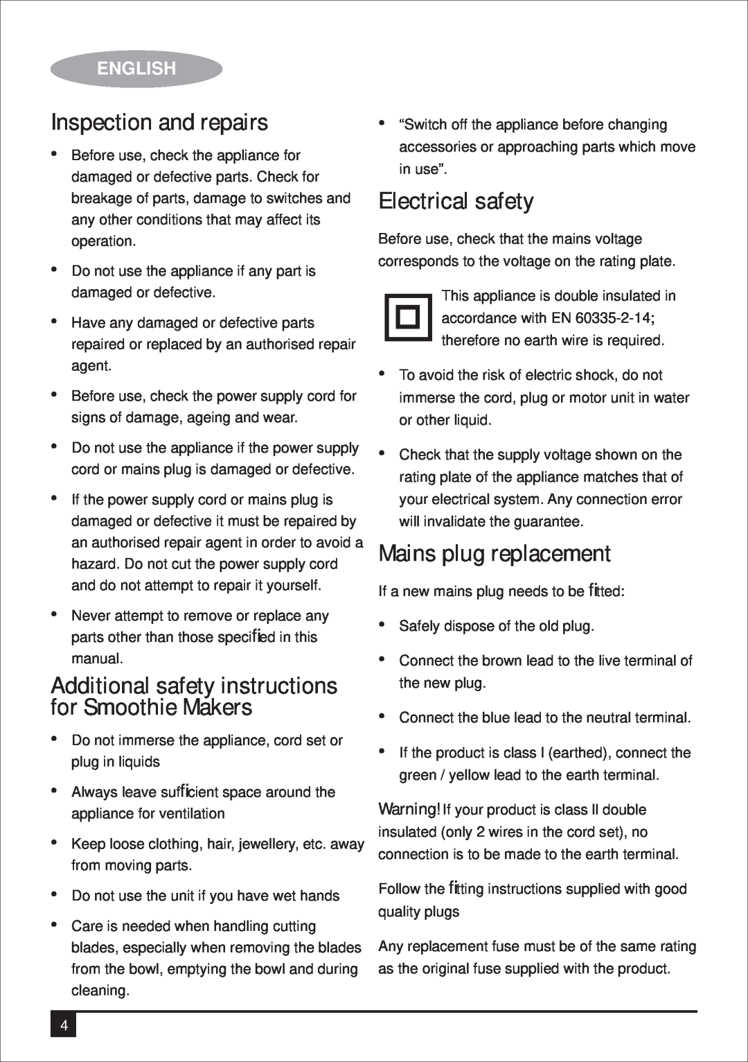 Black & Decker BS600 manual Inspection and repairs, Electrical safety, Mains plug replacement, English 
