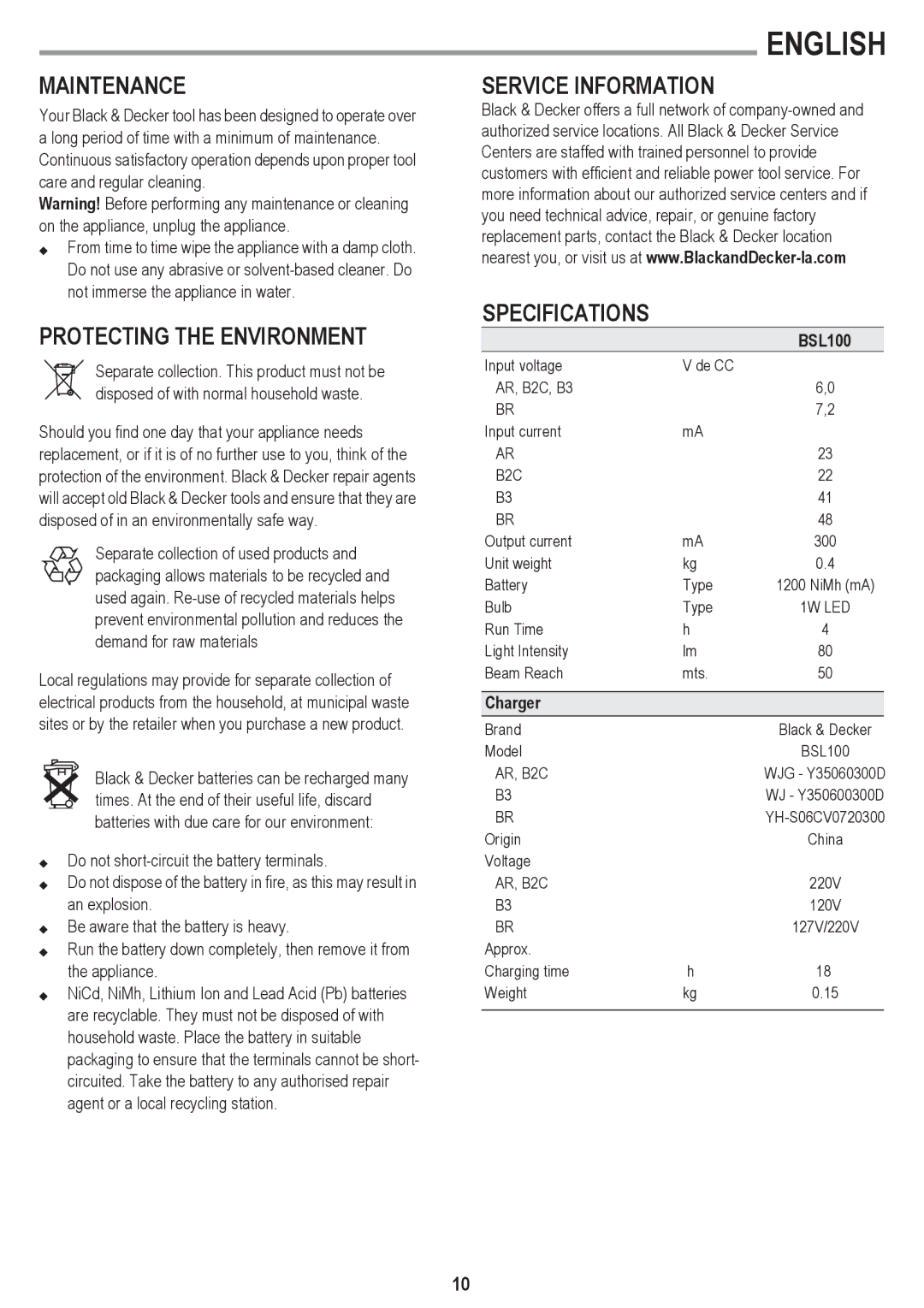 Black & Decker BSL100 Maintenance, Protecting the Environment, Service Information Specifications, Charger 