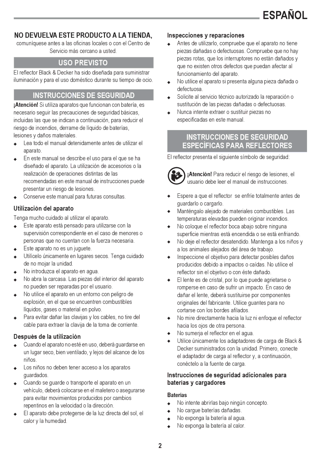 Black & Decker BSL100 instruction manual Español, USO Previsto, Instrucciones DE Seguridad 