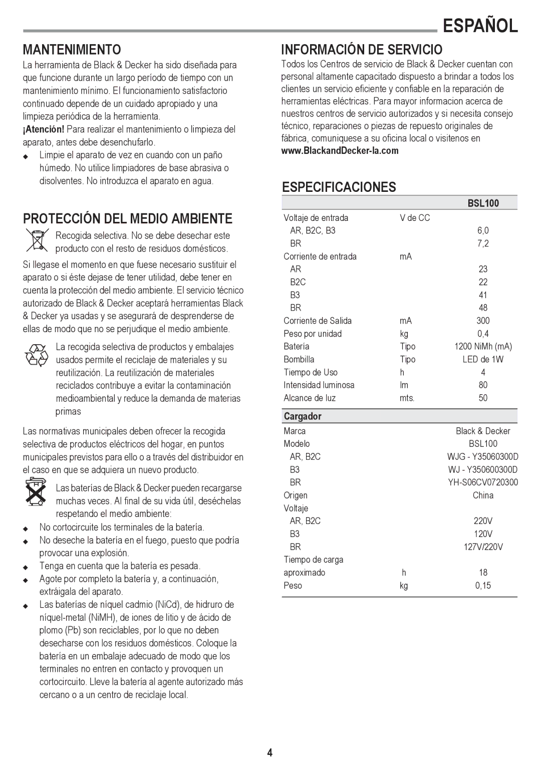 Black & Decker BSL100 Mantenimiento, Protección DEL Medio Ambiente, Información DE Servicio Especificaciones, Cargador 