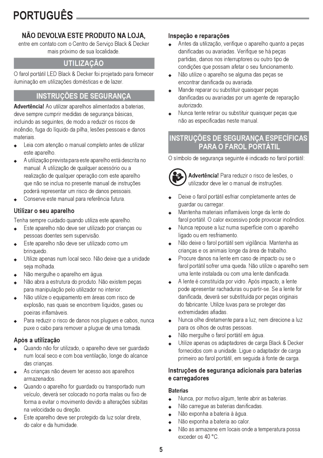 Black & Decker BSL100 instruction manual Português, Utilização, Instruções DE Segurança 