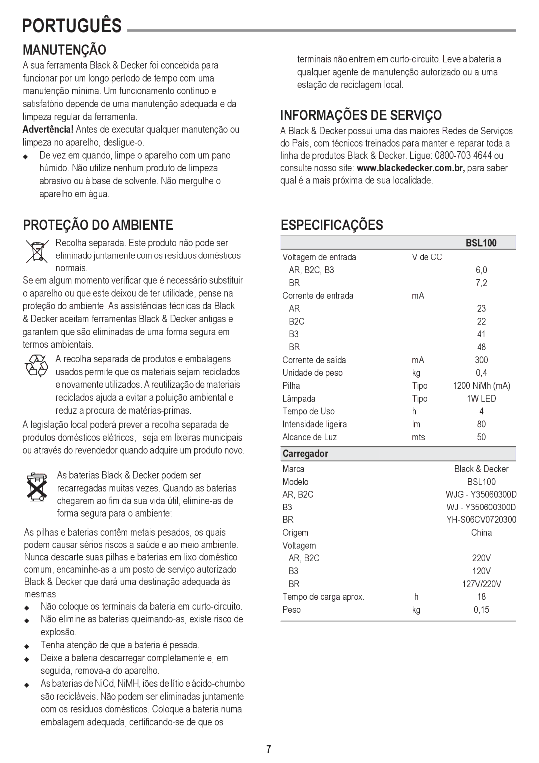 Black & Decker BSL100 Manutenção, Proteção do Ambiente, Informações DE Serviço Especificações, Carregador 