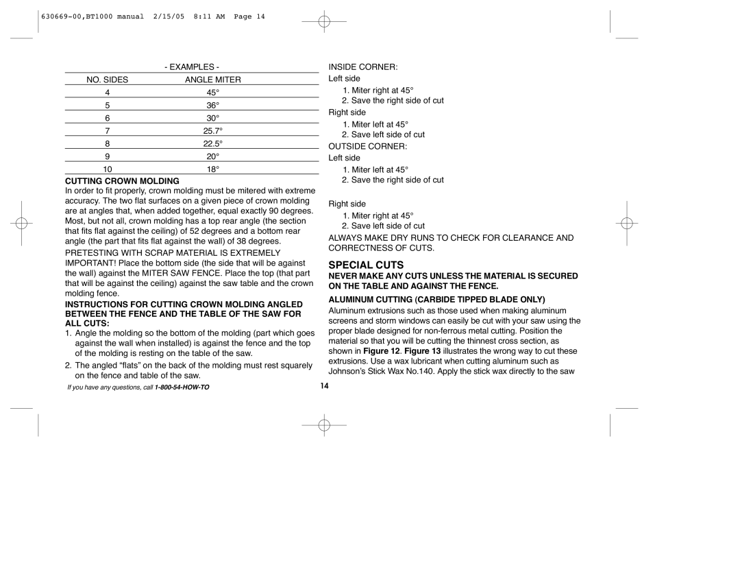 Black & Decker BT1000 instruction manual Cutting Crown Molding, Inside Corner 