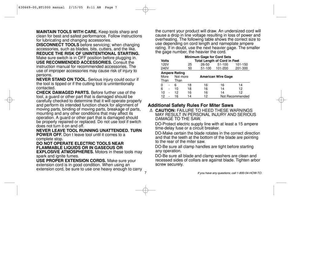 Black & Decker BT1000 instruction manual Additional Safety Rules For Miter Saws, Volts 