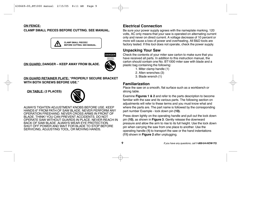 Black & Decker BT1000 instruction manual Electrical Connection, Unpacking Your Saw, Familiarization, On Fence 