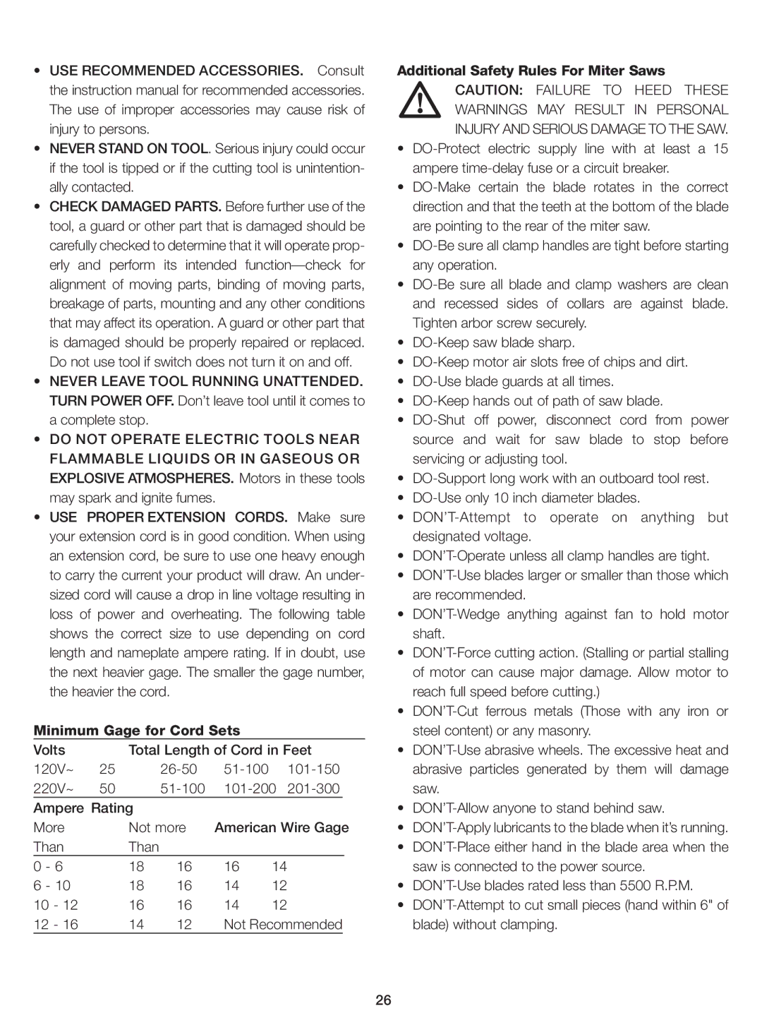 Black & Decker BT1400 instruction manual Minimum Gage for Cord Sets, Additional Safety Rules For Miter Saws 