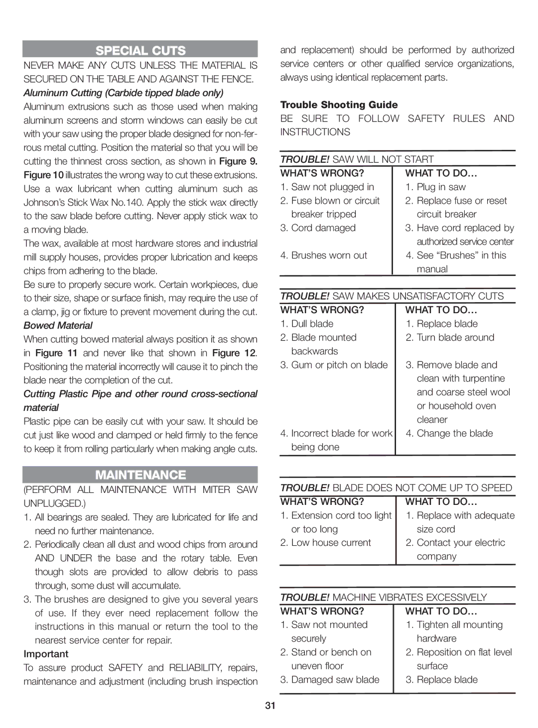 Black & Decker BT1400 instruction manual Special Cuts, Maintenance, Trouble Shooting Guide 