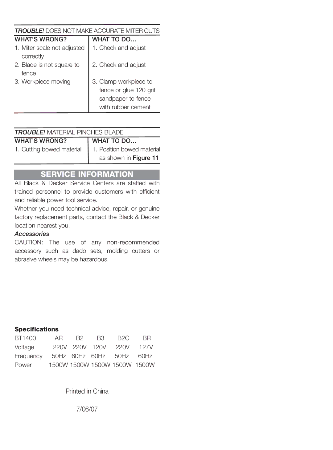 Black & Decker BT1400 Service Information, TROUBLE! Material Pinches Blade WHAT’S WRONG? What to DO…, Accessories 