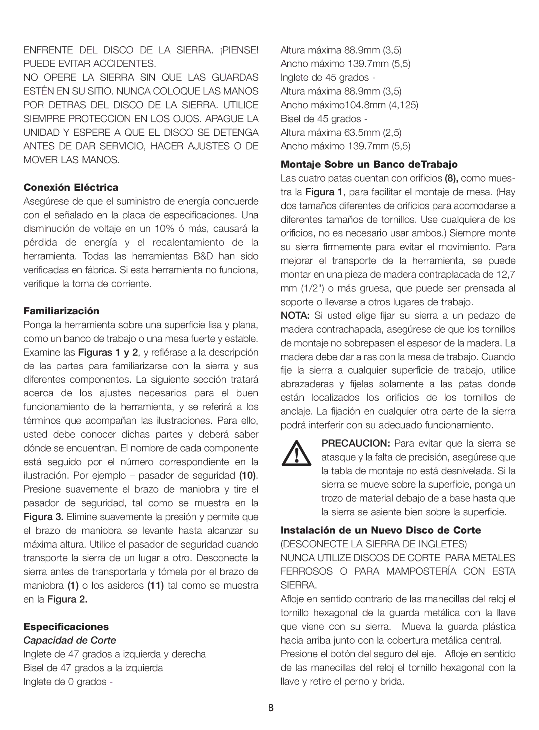 Black & Decker BT1400 Conexión Eléctrica, Familiarización, Especificaciones, Montaje Sobre un Banco deTrabajo 