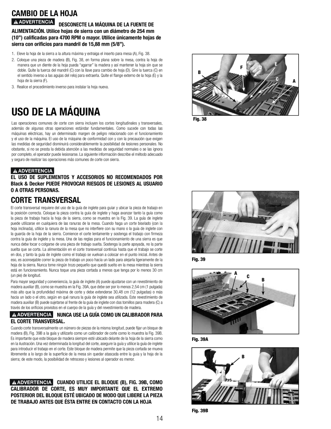 Black & Decker BT1800, 90544326 manual USO DE LA Máquina, Cambio DE LA Hoja, Corte Transversal 