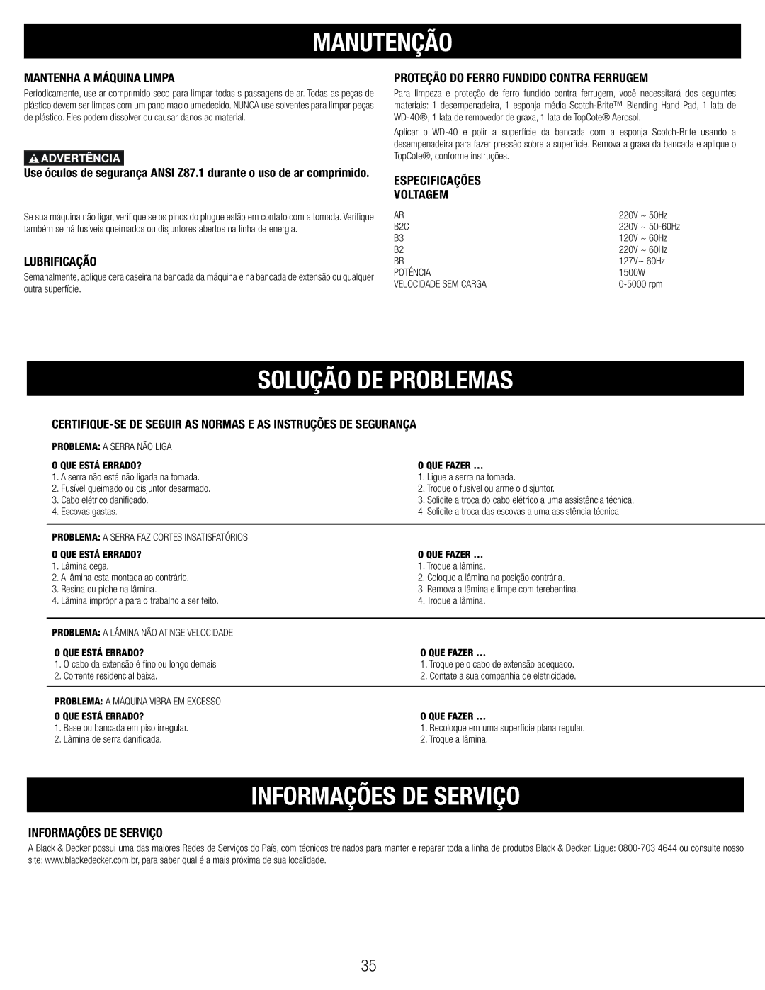 Black & Decker 90544326, BT1800 manual Manutenção, Solução DE Problemas, Informações DE Serviço 